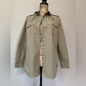 Ottod’AME ladies cotton khaki embroidered seven button down shirt, size 6 VVGUC